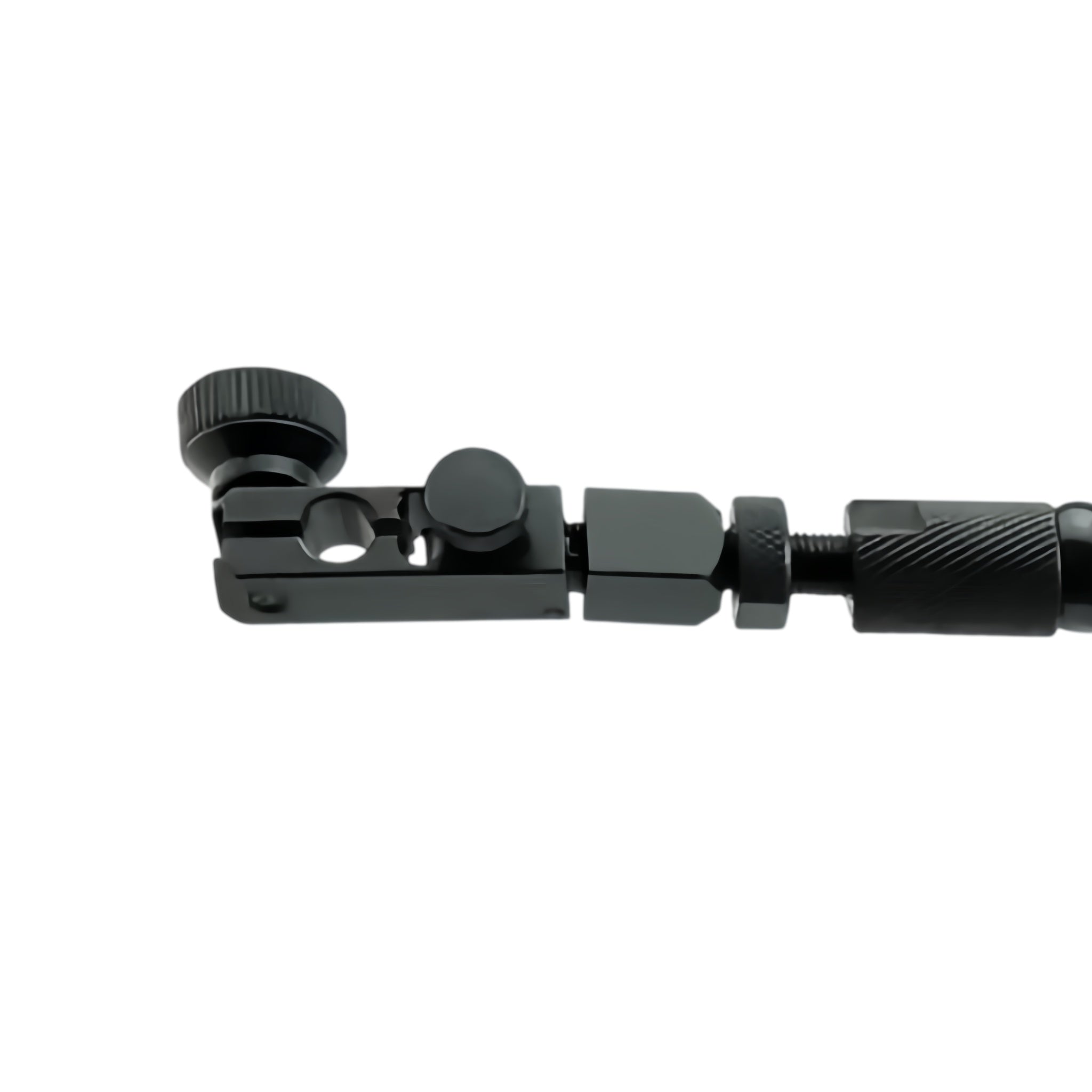 A close-up of a black metal clamp or adjustment tool with knurled knobs and a threaded section, shown on a plain white background.