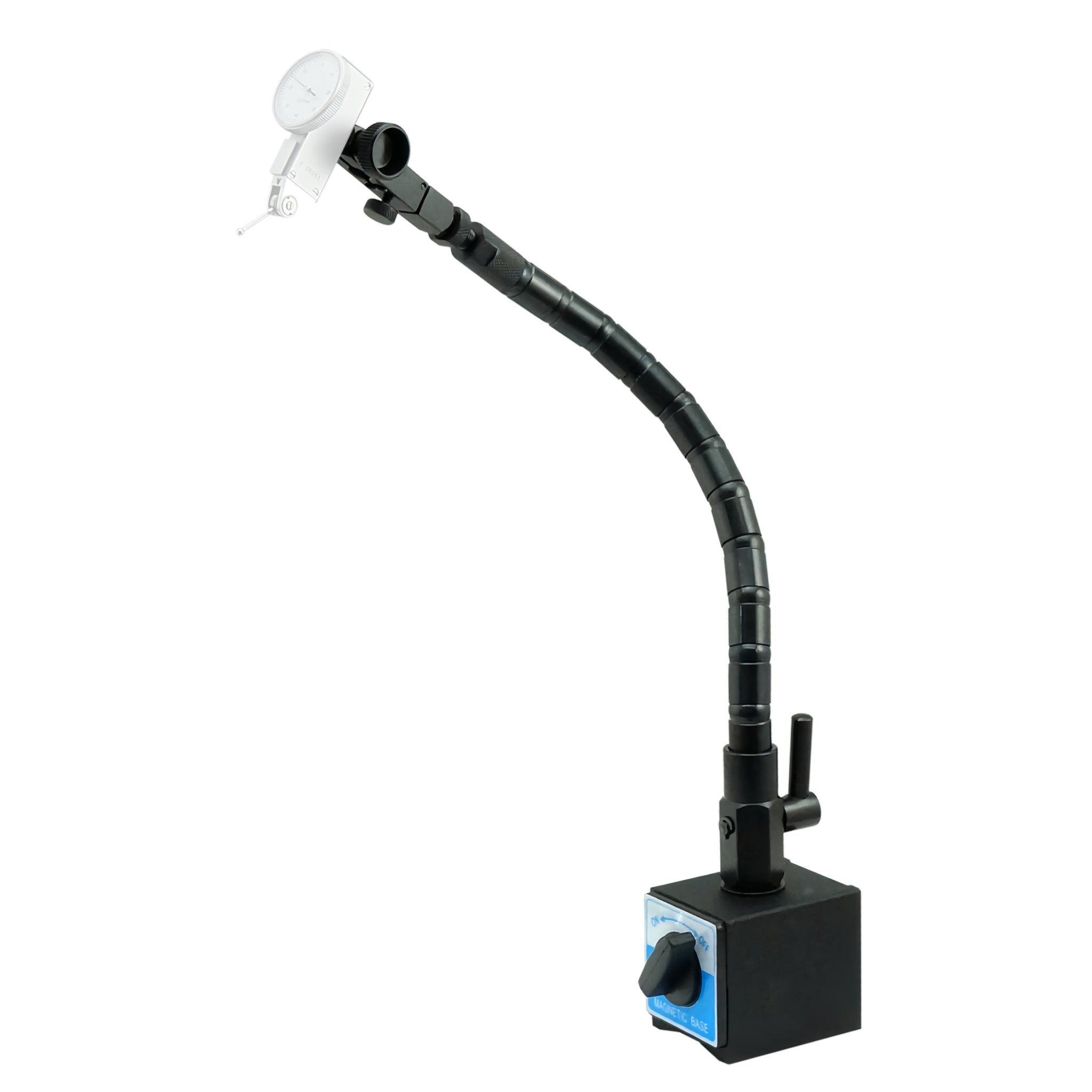 A flexible black industrial arm magnetic stand with a square control base, featuring a white dial and a clear protective cover on the lamp head, isolated on a white background.