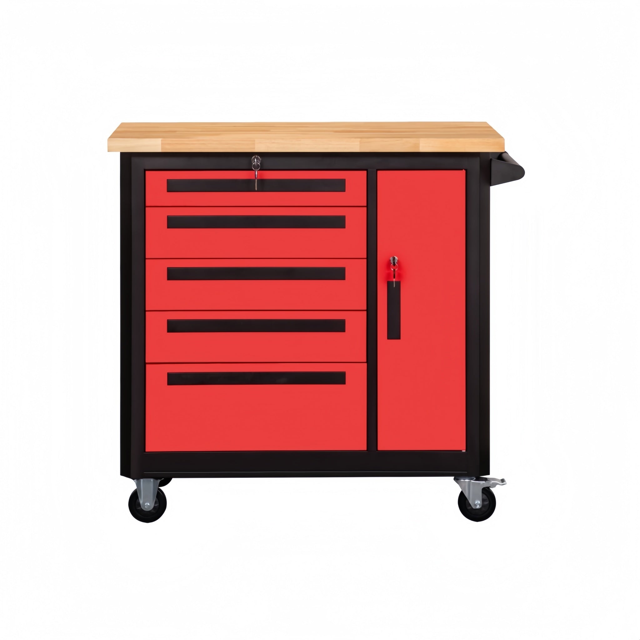 A red and black mobile work bench with a wood top and five drawers, mounted on industrial-grade casters.