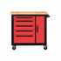 A red and black mobile work bench with a wood top and five drawers, mounted on industrial-grade casters.