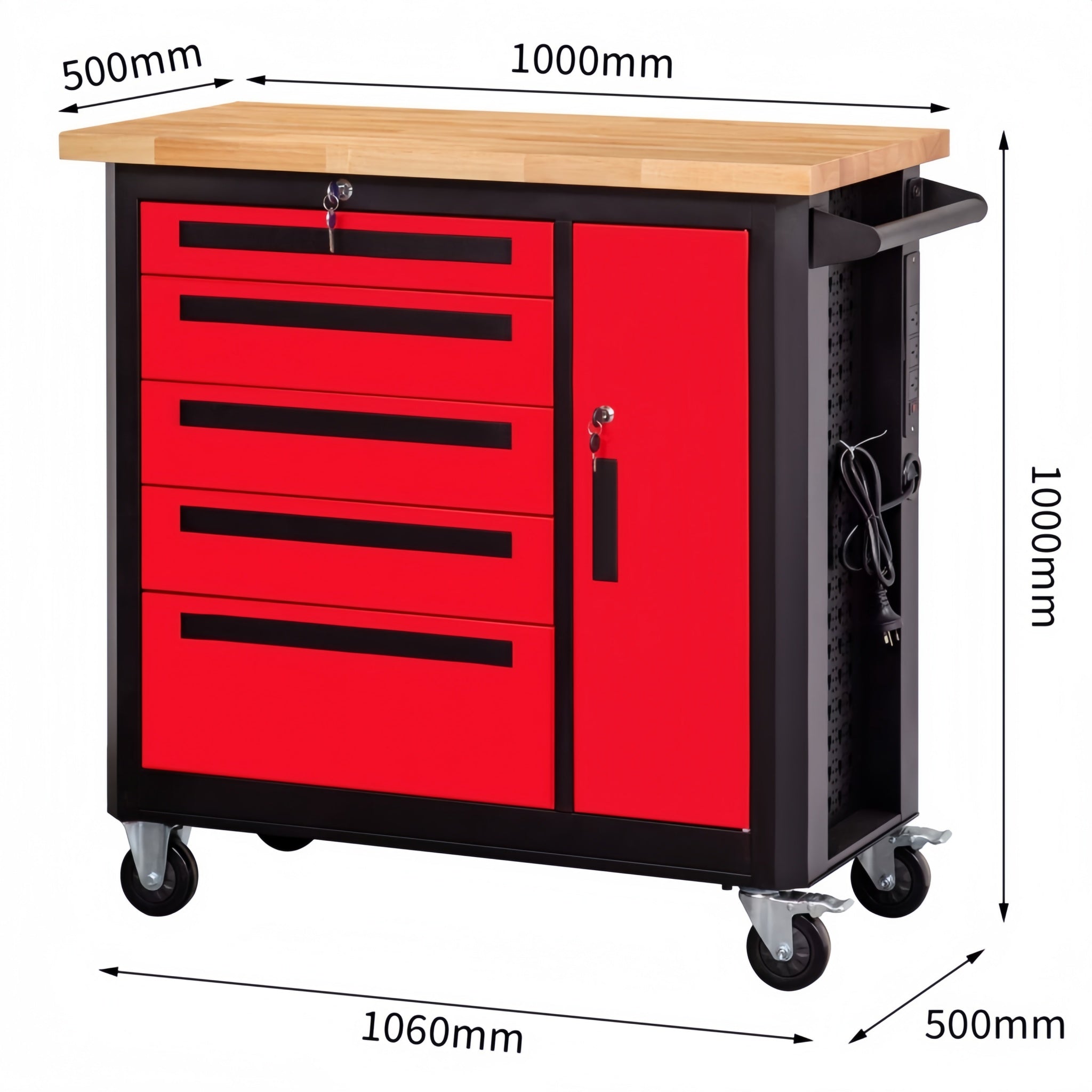 A rolling tool cart with a light wood top, five red drawers, one red cabinet door, black frame and side panel, and caster wheels. Dimension arrows and labels show width and height measurements around the product on a white background.