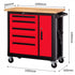 A rolling tool cart with a light wood top, five red drawers, one red cabinet door, black frame and side panel, and caster wheels. Dimension arrows and labels show width and height measurements around the product on a white background.
