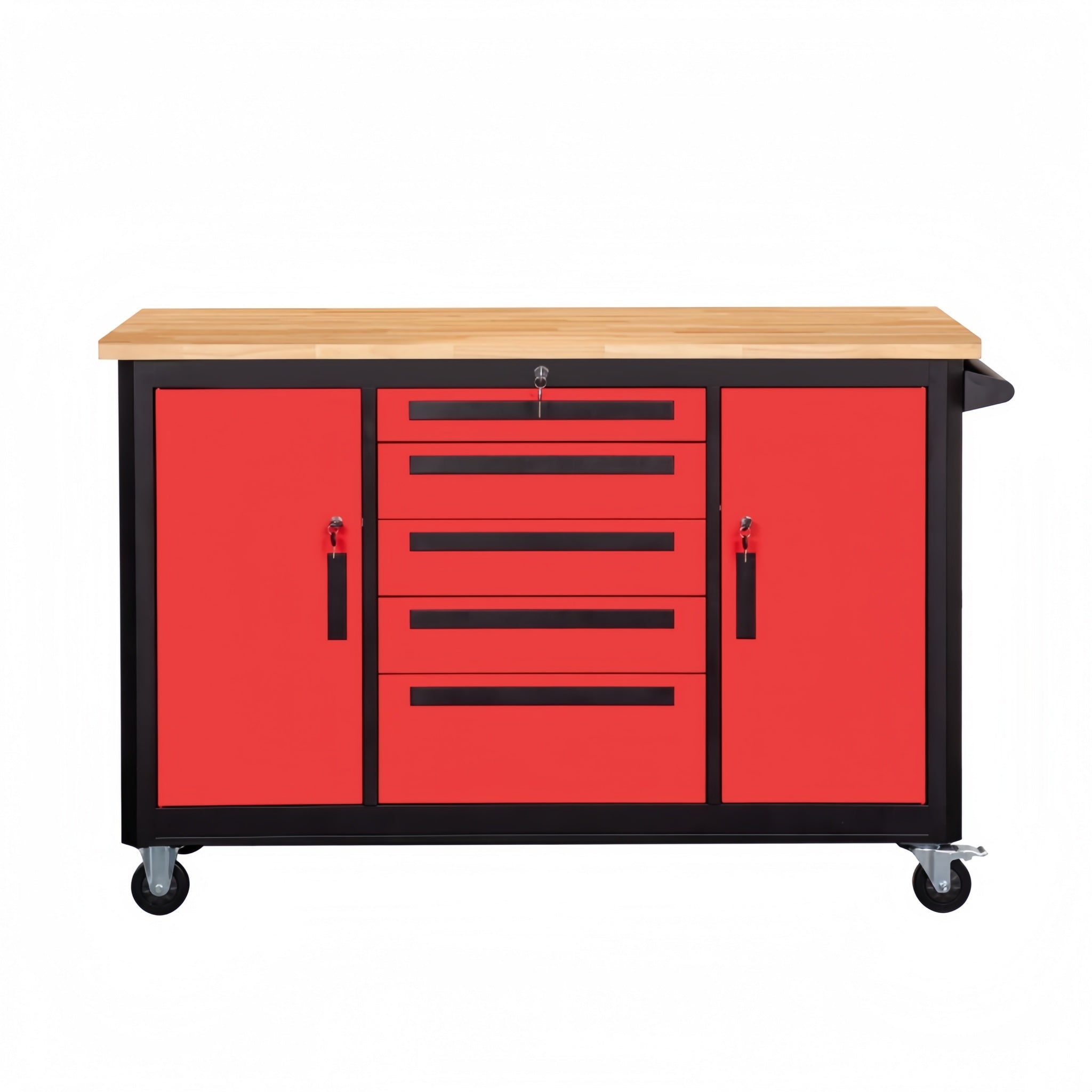 A mobile work bench with a wood top, featuring a red cabinet with drawers and black frame on caster wheels.