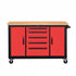 A mobile work bench with a wood top, featuring a red cabinet with drawers and black frame on caster wheels.