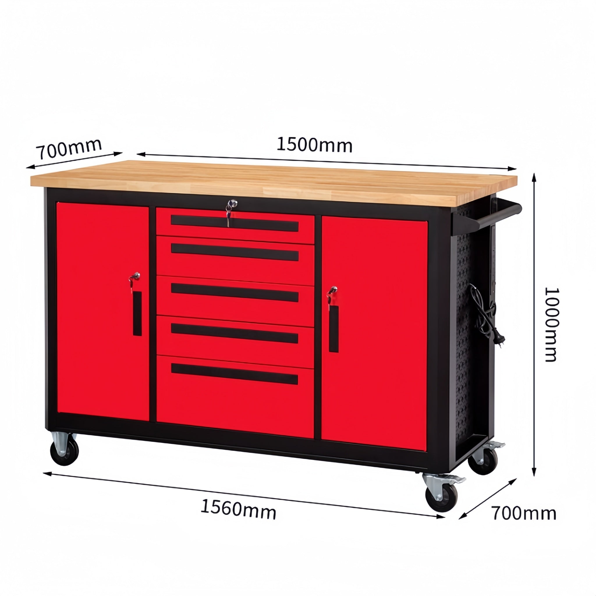 A red and black rolling tool cabinet with a light wood top, shown with dimension labels and measurement lines indicating 700mm width, 1500mm length, 1000mm height, and 1560mm base width.