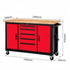 A red and black rolling tool cabinet with a light wood top, shown with dimension labels and measurement lines indicating 700mm width, 1500mm length, 1000mm height, and 1560mm base width.