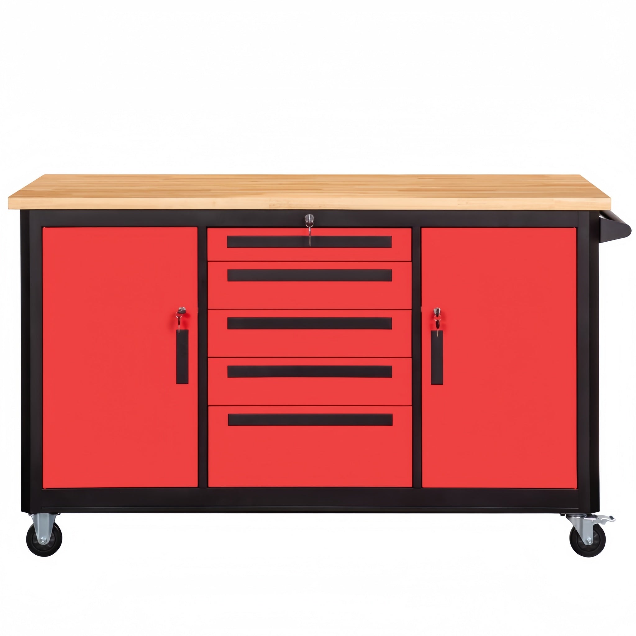 A mobile work bench with red cabinets, black frame and a wood top, equipped with casters and drawers.
