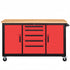 A mobile work bench with red cabinets, black frame and a wood top, equipped with casters and drawers.
