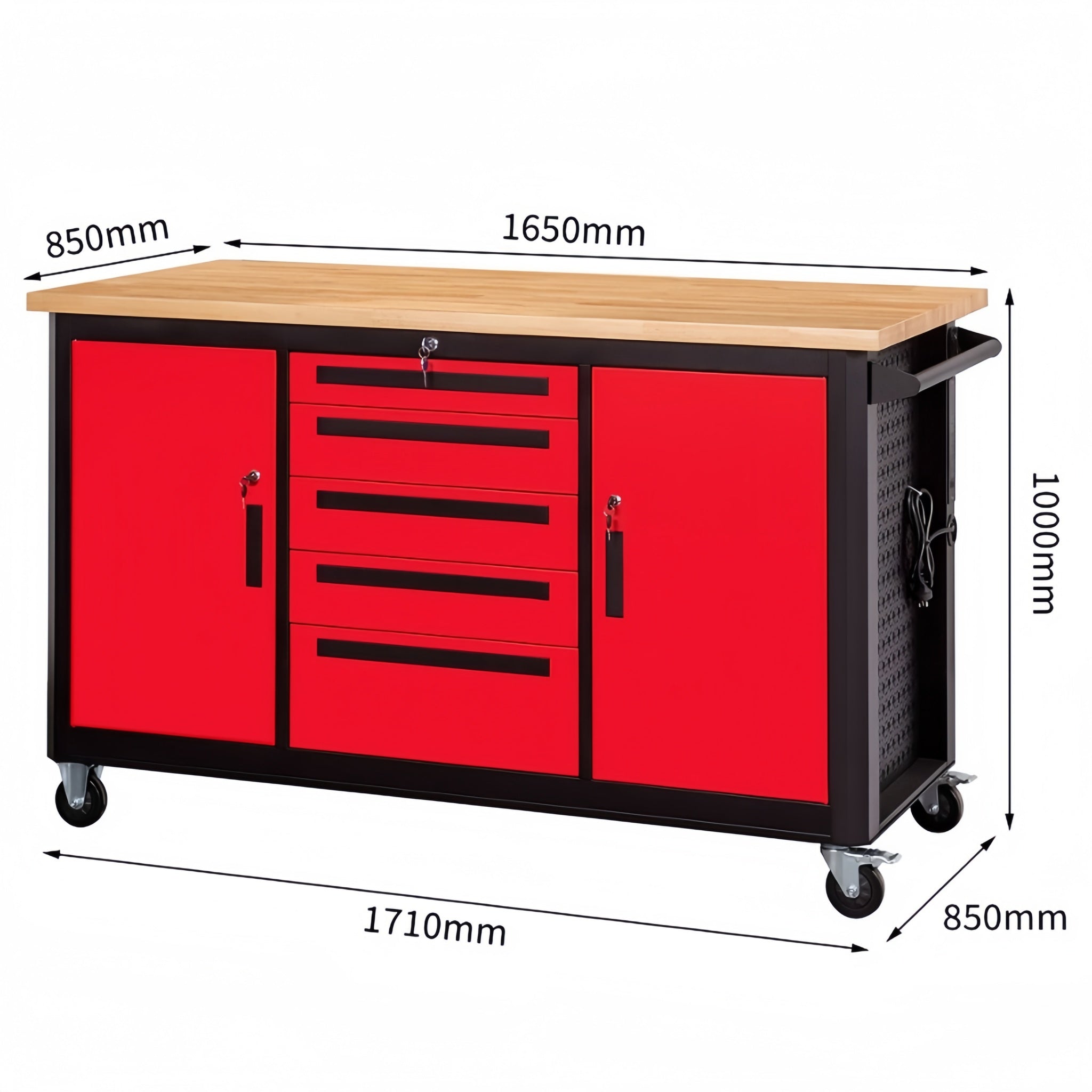A red and black rolling tool cabinet with a light wood work surface, shown with dimension labels indicating width, depth, and height measurements on a white background.