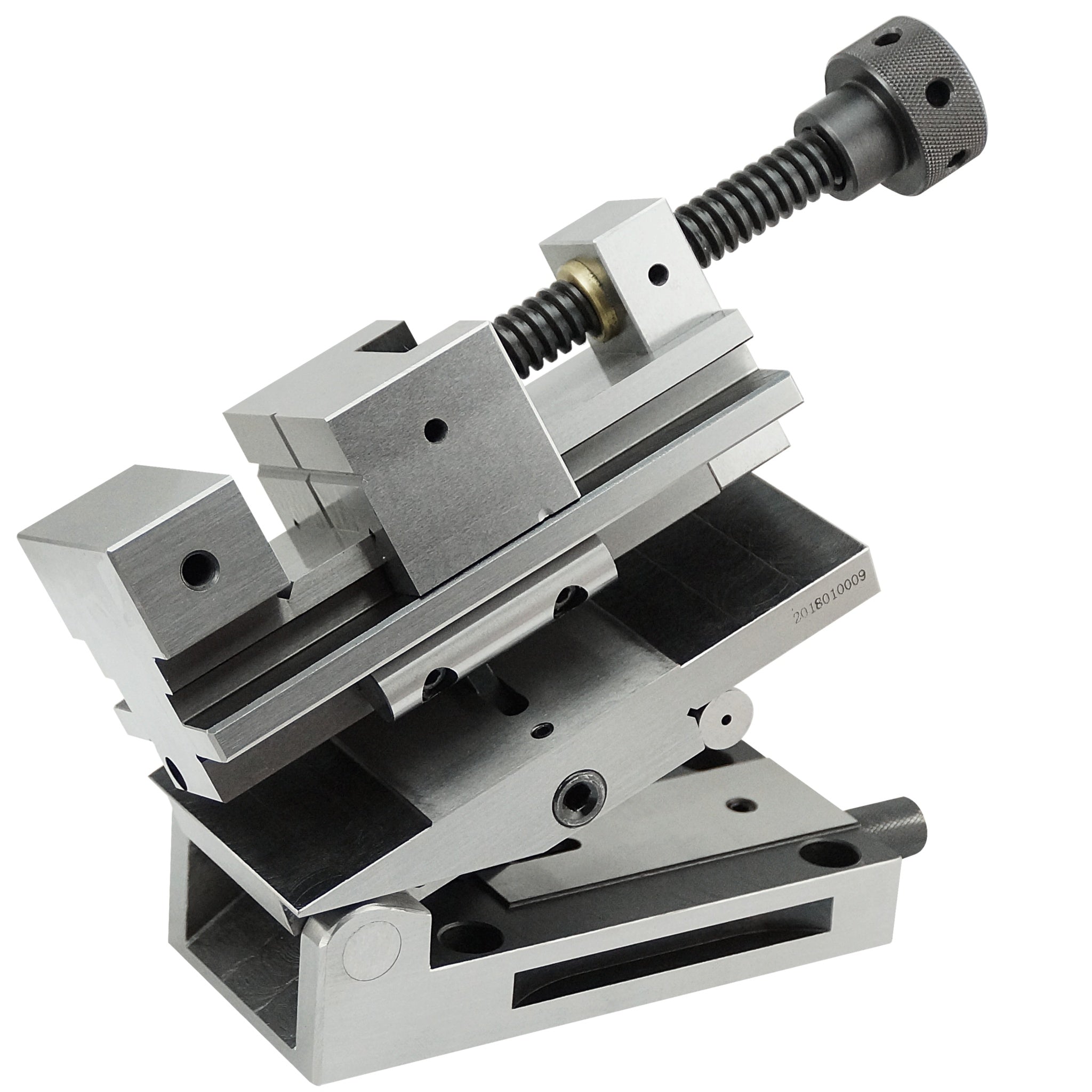 A silver and black precision mechanical slide clamp with a threaded screw and knurled adjustment knob, shown on a plain white background.
