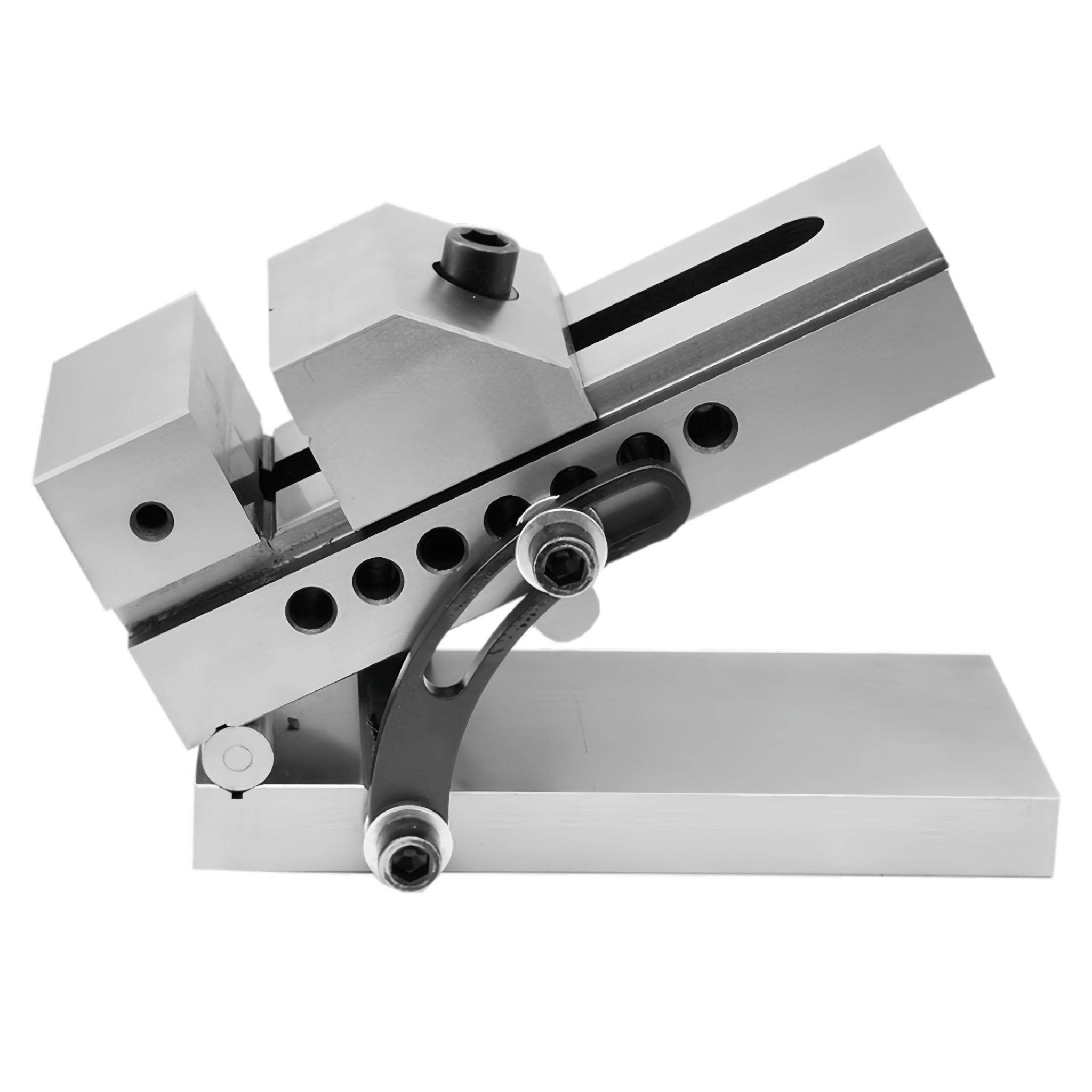 A precision sine tool vice made of alloy steel with a gray finish, featuring multiple holes and a sliding jaw mechanism.