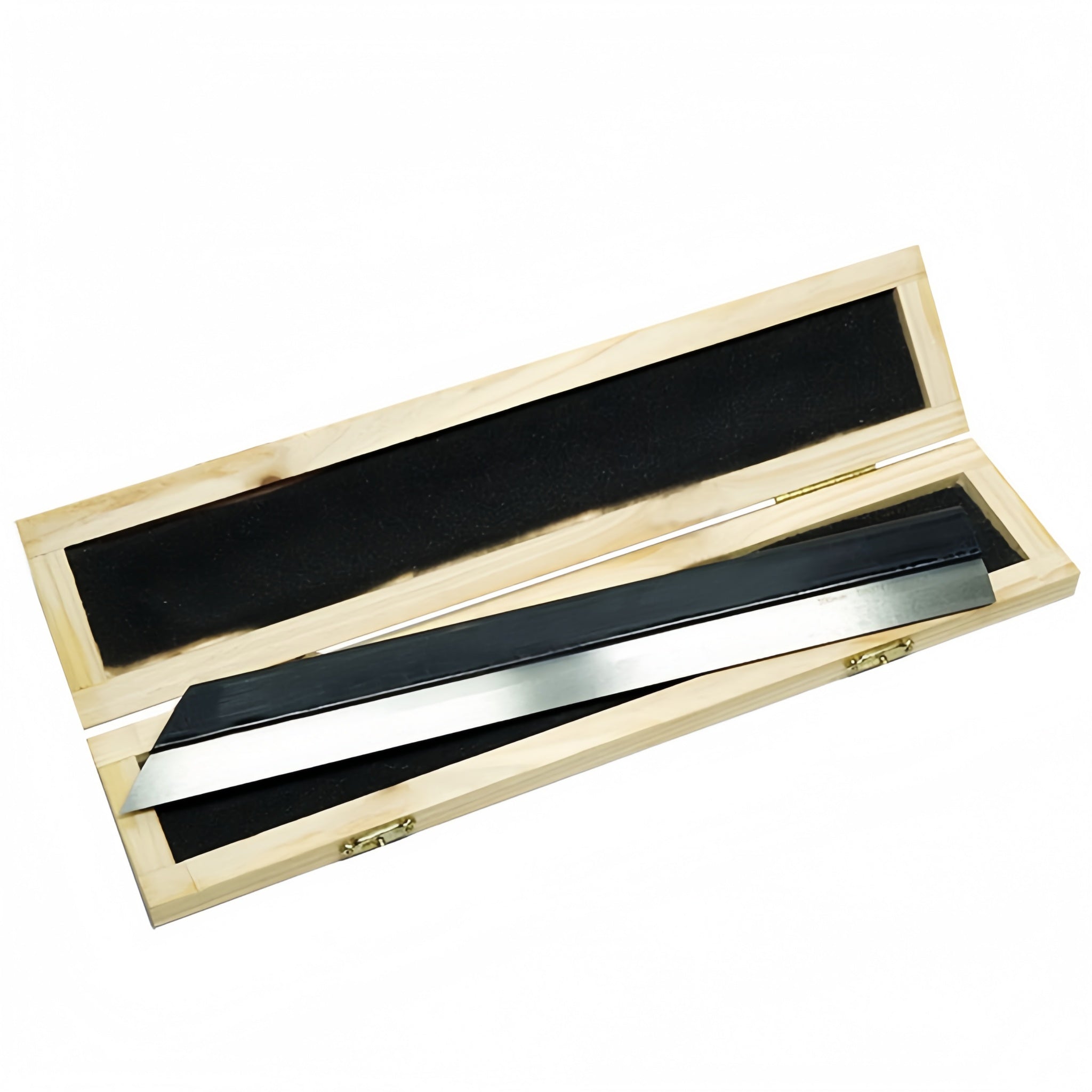 A stainless steel straight edge tool with a bevelled edge, placed inside an open wooden case with a black foam lining.