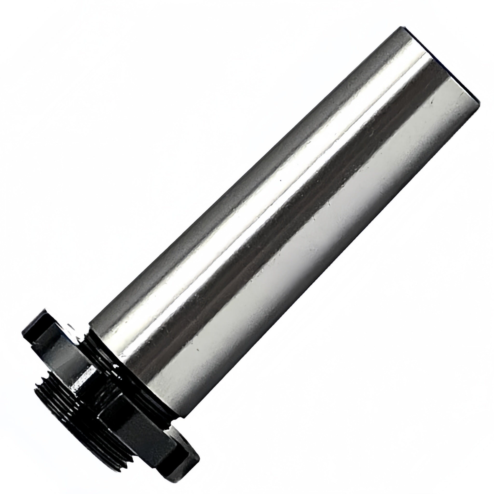 A polished metallic cylindrical component with a black threaded base, shown diagonally on a plain white background.