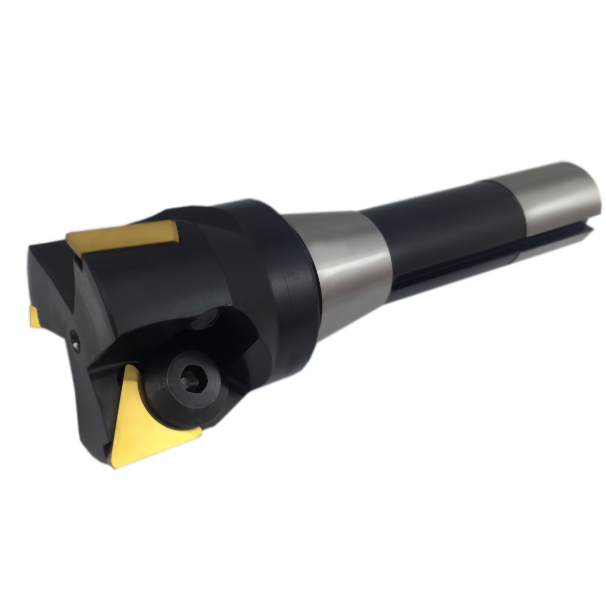 A indexable end mill milling tool bit with black and silver body sections and yellow coated cutting edges, isolated on a white background.