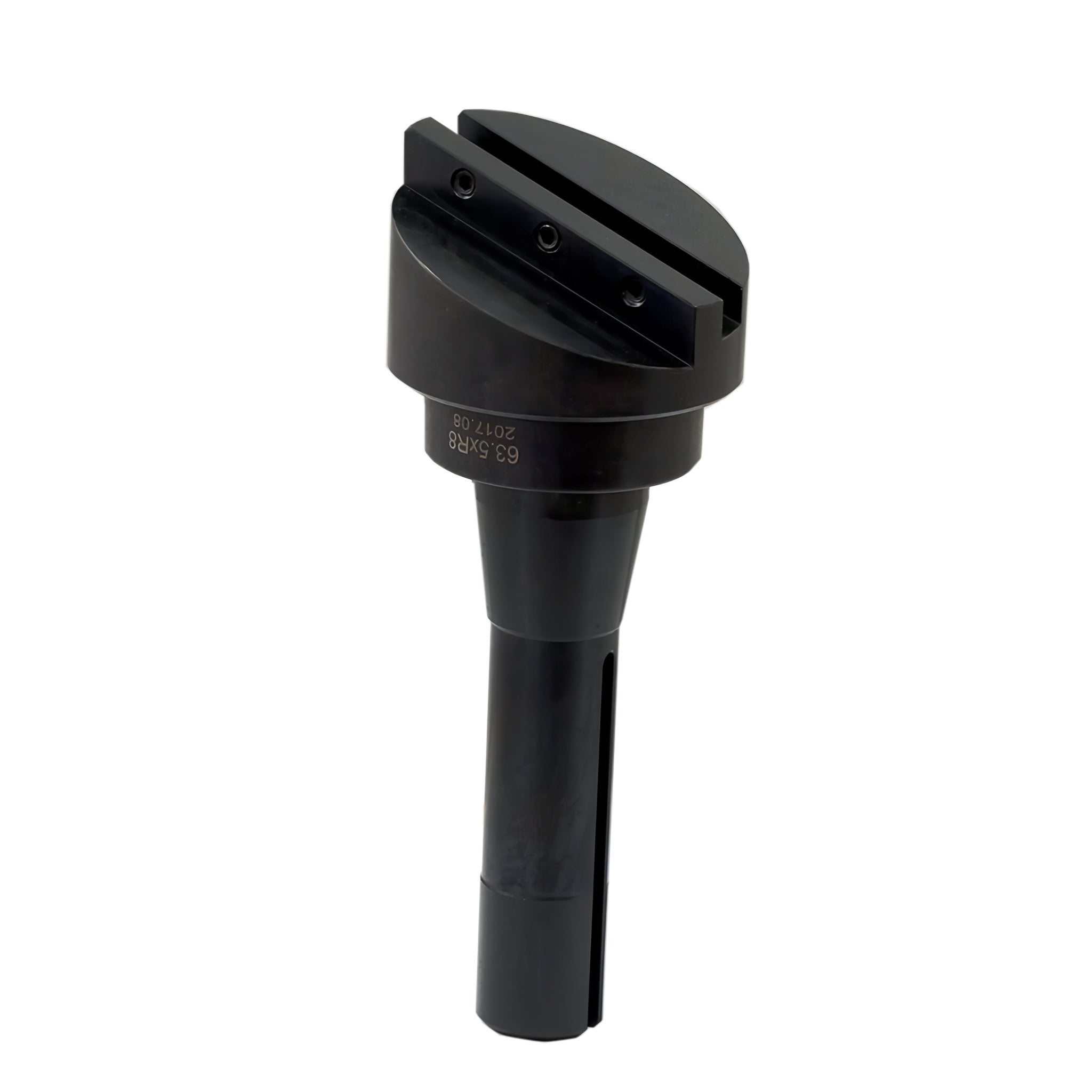 A black metal rotary fly cutter holder with a slotted cutting head and a R8 shank, shown on a plain white background.