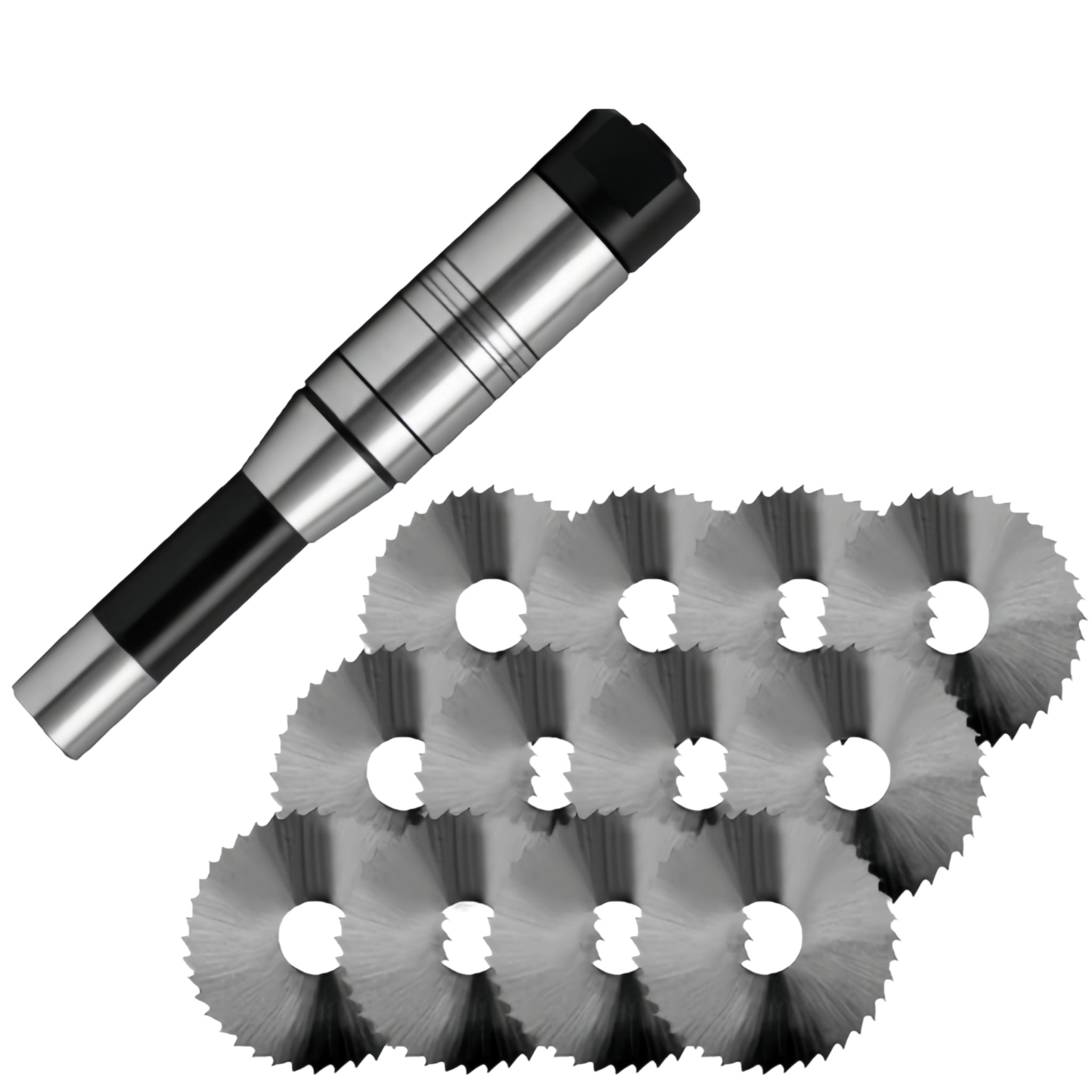 A metal cylindrical stub milling arbor with black end caps shown diagonally above a cluster of matching circular saw blades on a plain white background.