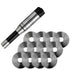 A metal cylindrical stub milling arbor with black end caps shown diagonally above a cluster of matching circular saw blades on a plain white background.