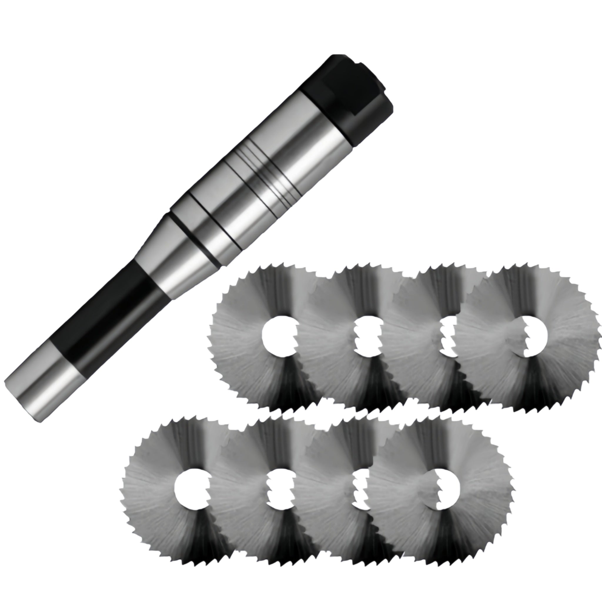 A metal cylindrical tool with black and silver sections shown alongside eight circular saw blades on a plain white background.