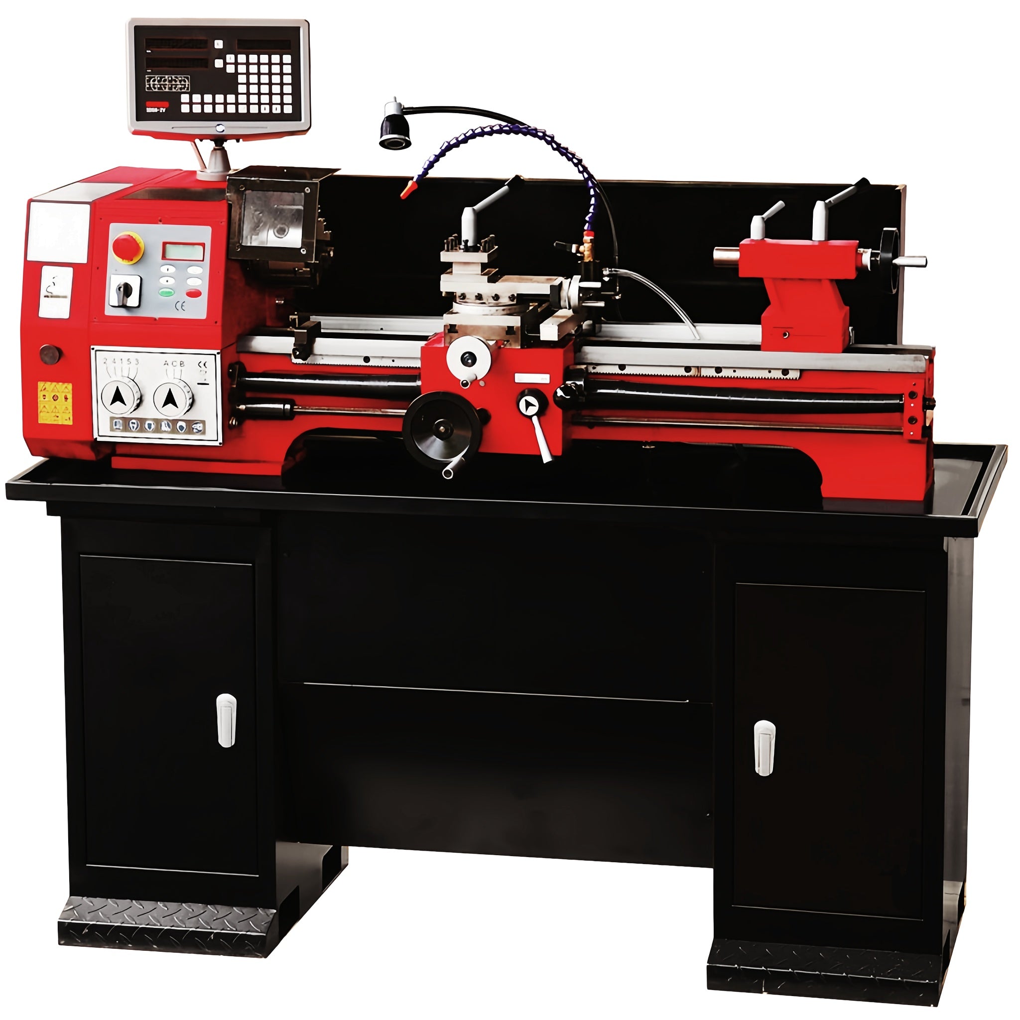 A red and black industrial lathe machine mounted on a black cabinet base, with a control panel and digital display screen on top, photographed against a plain white background.