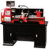 A red and black industrial lathe machine mounted on a black cabinet base, with a control panel and digital display screen on top, photographed against a plain white background.