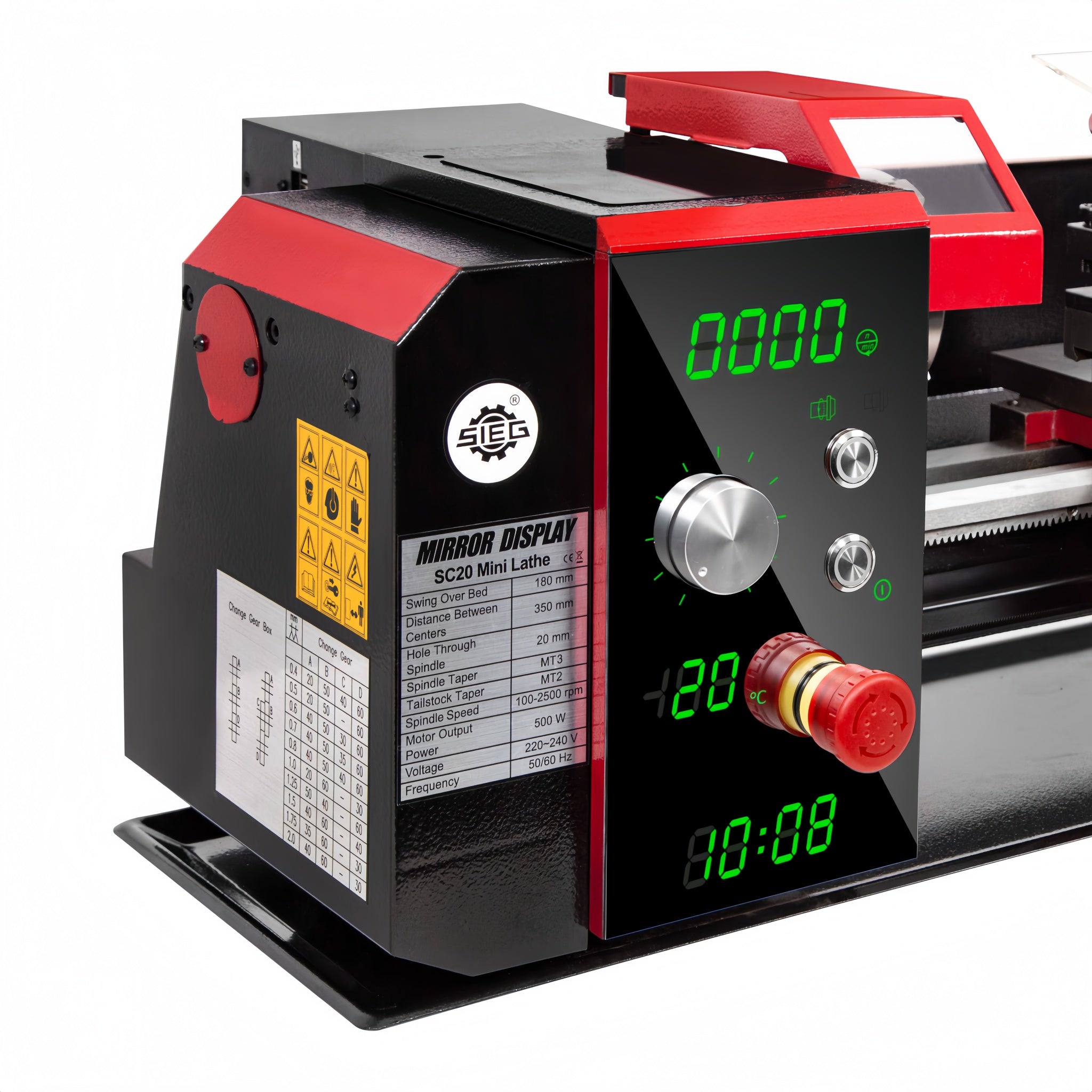 A black and red industrial mini lathe shown in a close-up studio shot against a white background. The machine features a digital LCD mirror display showing green numbers, a silver rotary knob, a red emergency stop button, and a technical specification label.