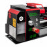 A black and red industrial mini lathe shown in a close-up studio shot against a white background. The machine features a digital LCD mirror display showing green numbers, a silver rotary knob, a red emergency stop button, and a technical specification label.