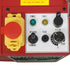 Close-up of a red metalworker power tool control panel with a yellow emergency stop, black rotary knobs, and white labeled switches including POWER, FAULT, REVERSE, FORWARD, and RPM.