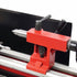 A close-up of a red metal lathe tailstock or cutting head with black handles and silver metal components, mounted on a machine bed. The brand name 'Ausee Machines & Tools' is watermarked at the bottom.