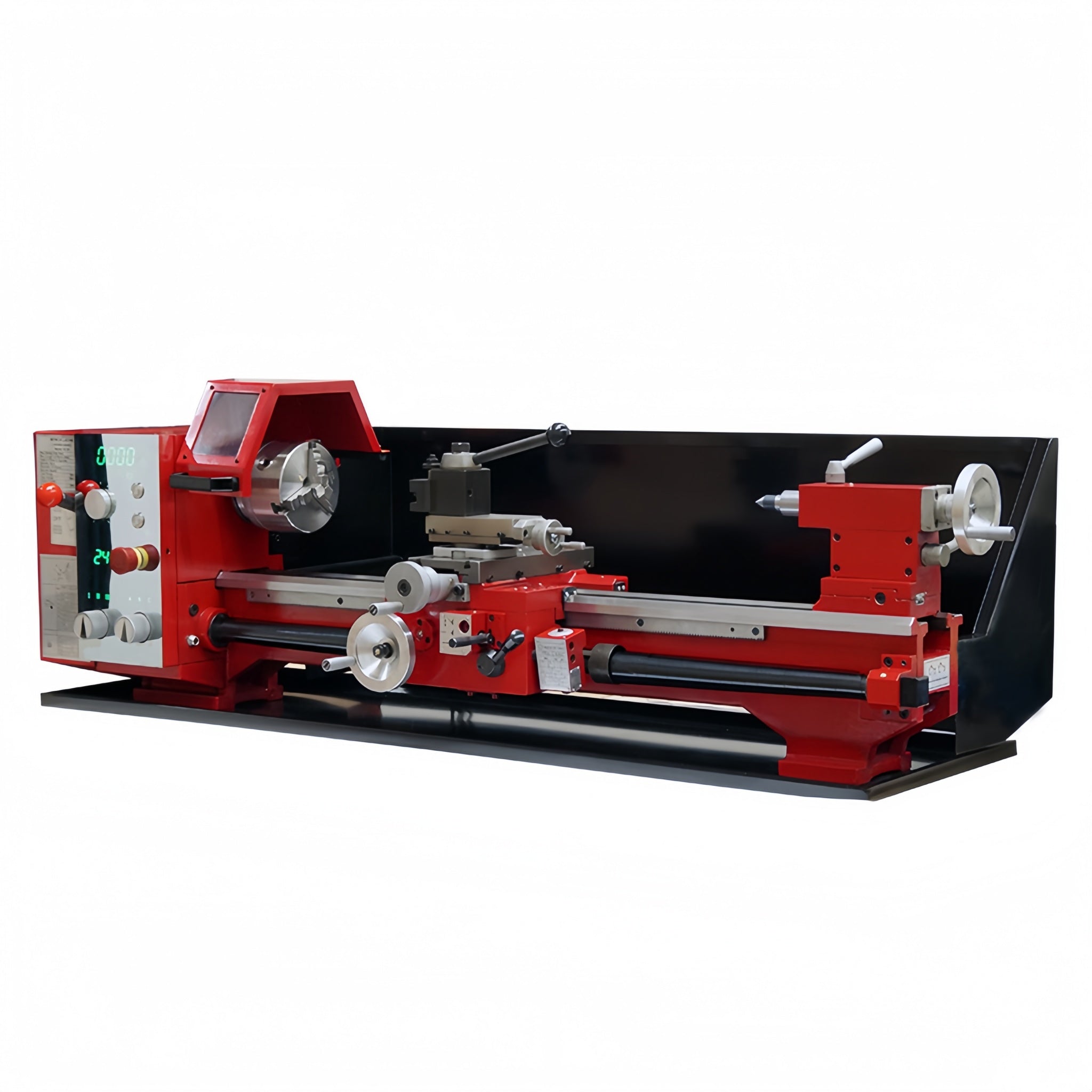 A red and black SIEG SC70 HiTorque Gear Head Bench Lathe with various lathe parts and tools visible.