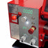 Close-up of a red and silver bench lathe control panel with a digital display, rotary knobs, and red handbrake levers on a white background.