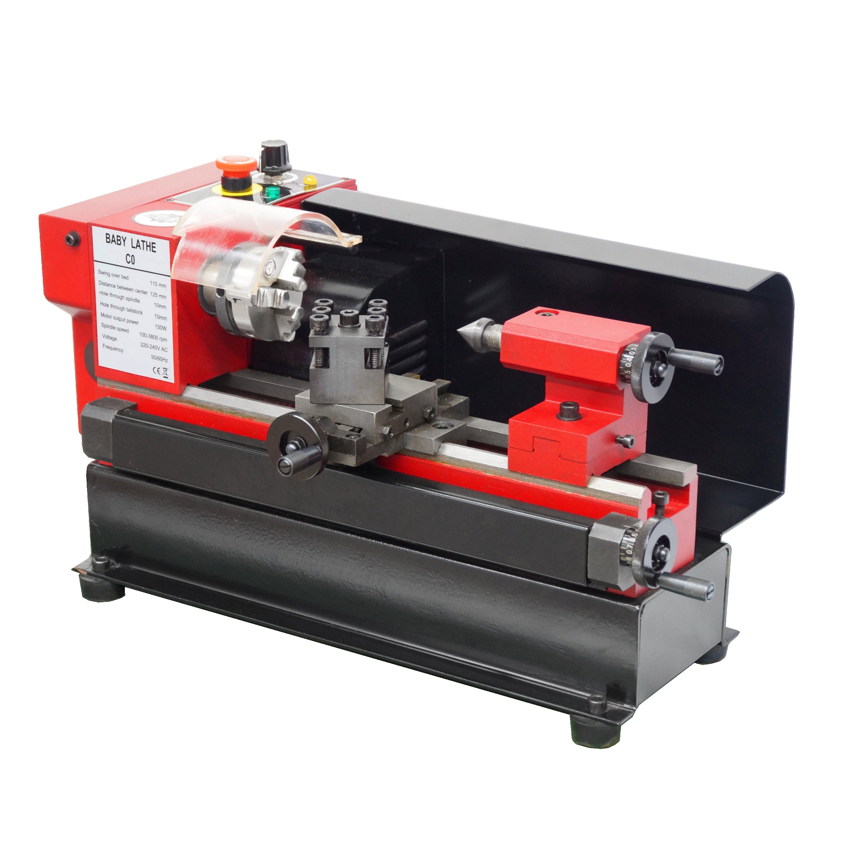 A SIEG Baby Lathe Model C0 with a red and black color scheme, featuring a lathe tool post, chuck, and tailstock.
