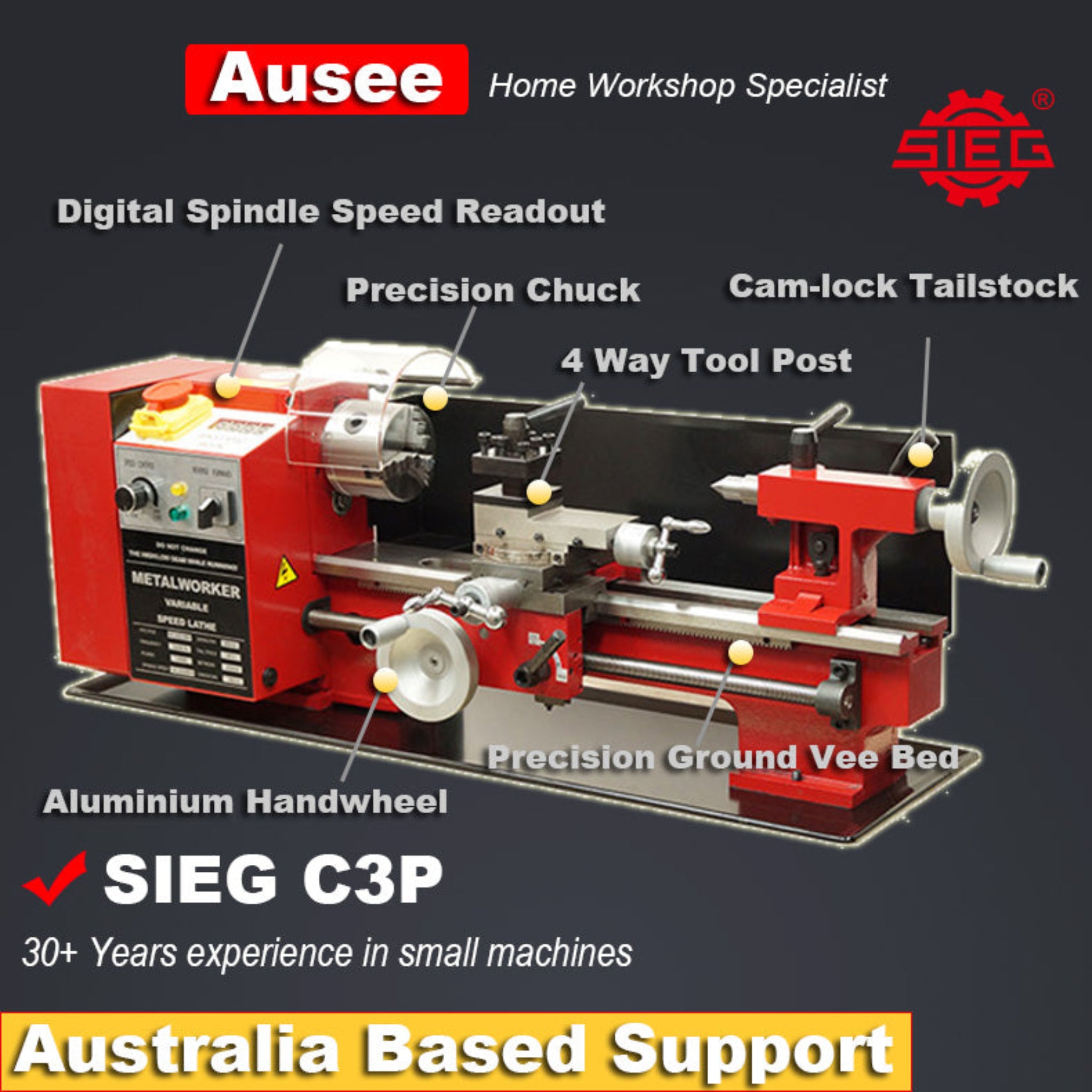 A red and silver Aussee SIEG C3P metal lathe machine with multiple labeled callouts on a dark gray background, including digital spindle speed readout, precision chuck, cam-lock tailstock, 4 way tool post, aluminium handwheel, and precision ground vee bed.