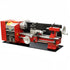 A red and gray SIEG C3P 180x350mm Mini Lathe with various lathe tools and controls, mounted on a black base.