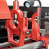 Red metal lathe machine with a close-up view of its components.