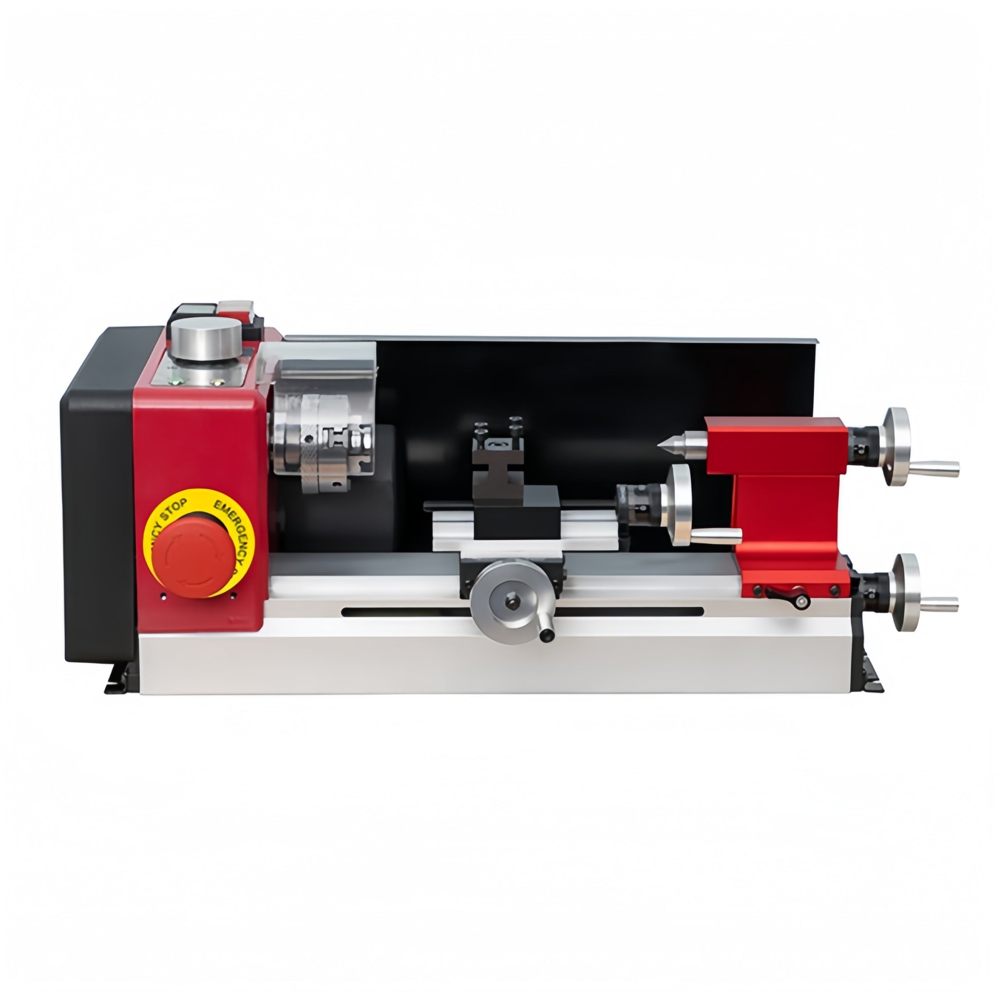 A compact SIEG MC0 Nano Lathe with a red and black color scheme, showing the side view with the spindle and controls.
