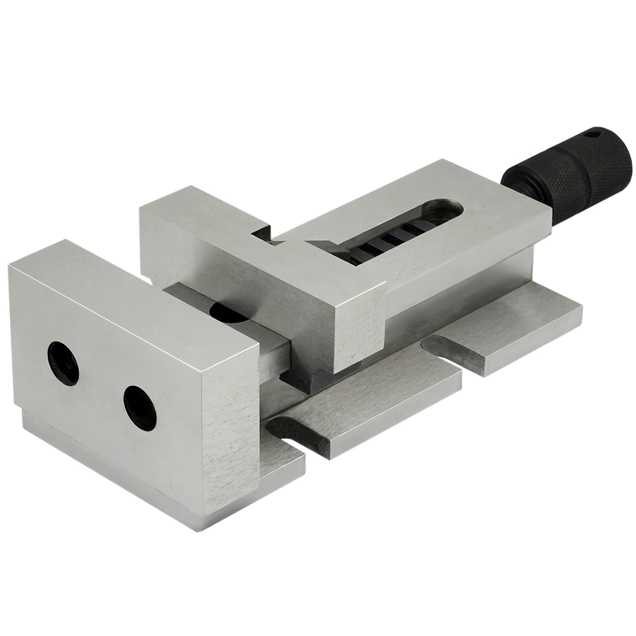A silver-colored quick clamp machine vice with a black handle, typically used for precision engineering and machine work.