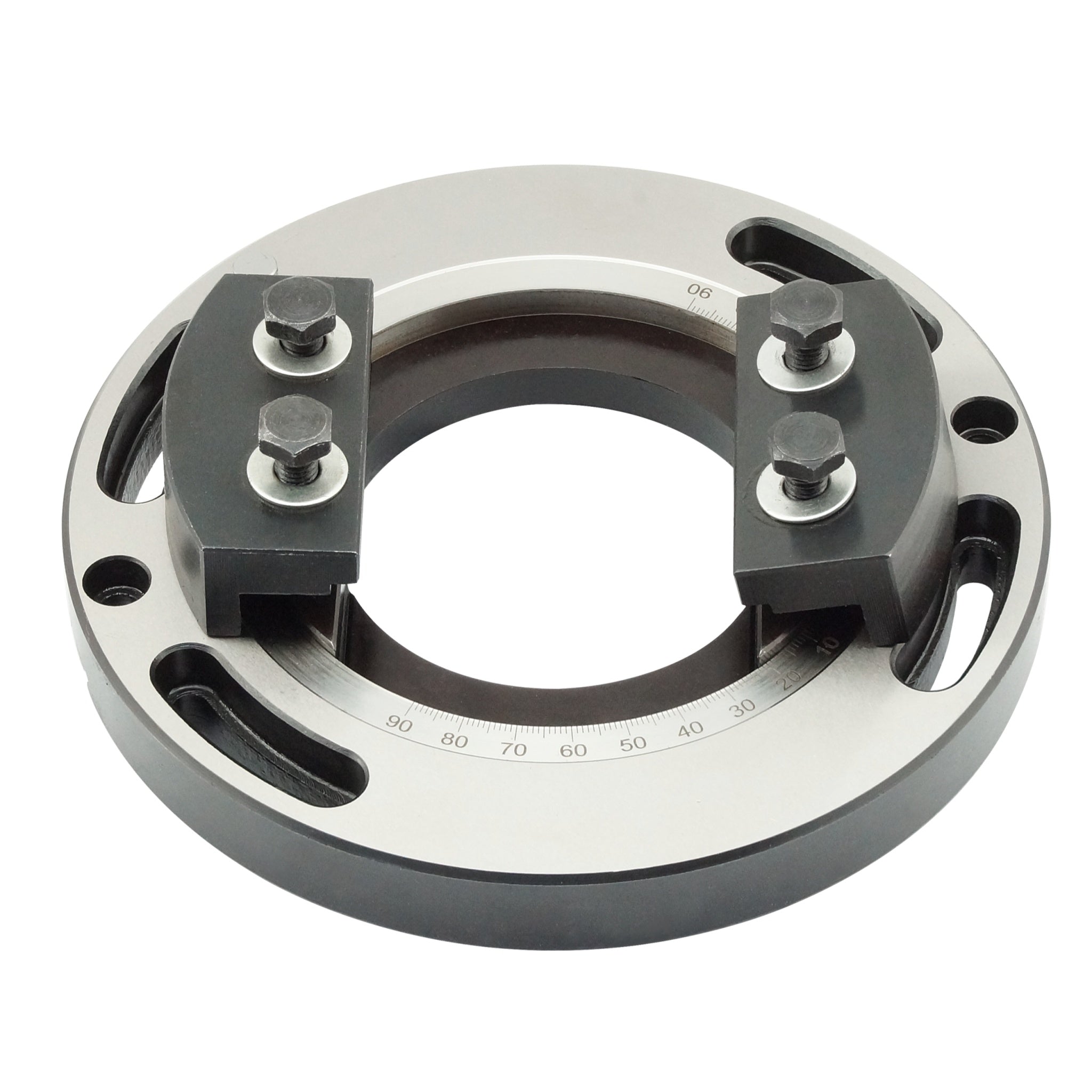 A circular metal clamp or fixture component with two black adjustable blocks and silver bolts, shown on a plain white background.
