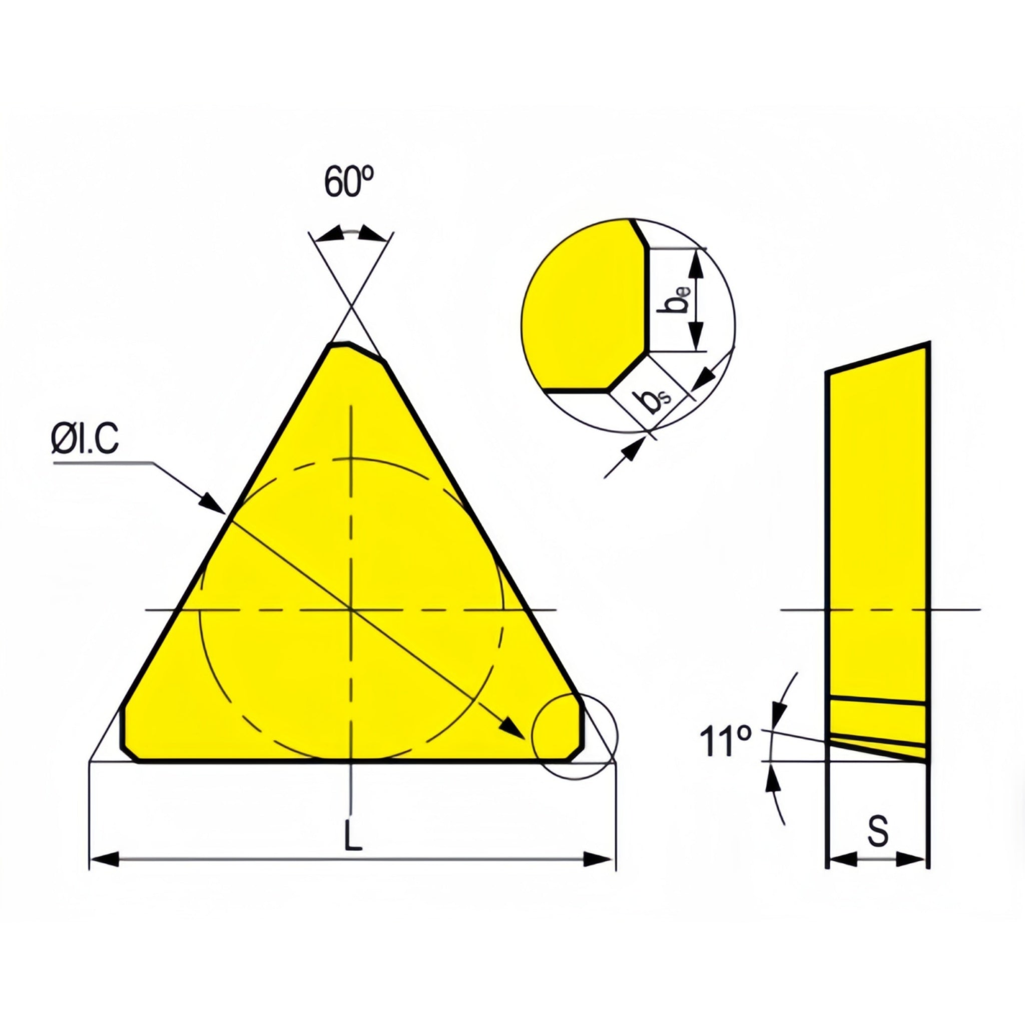 A gold-colored carbide milling insert drawing with a triangular pyramidal shape.