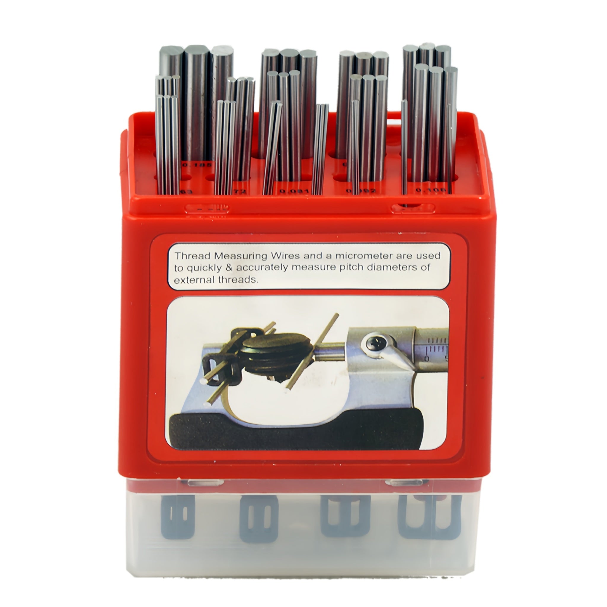 A set of thread measuring wires in a red plastic holder with a clear plastic cover, displaying various sizes of wires and a brief description.