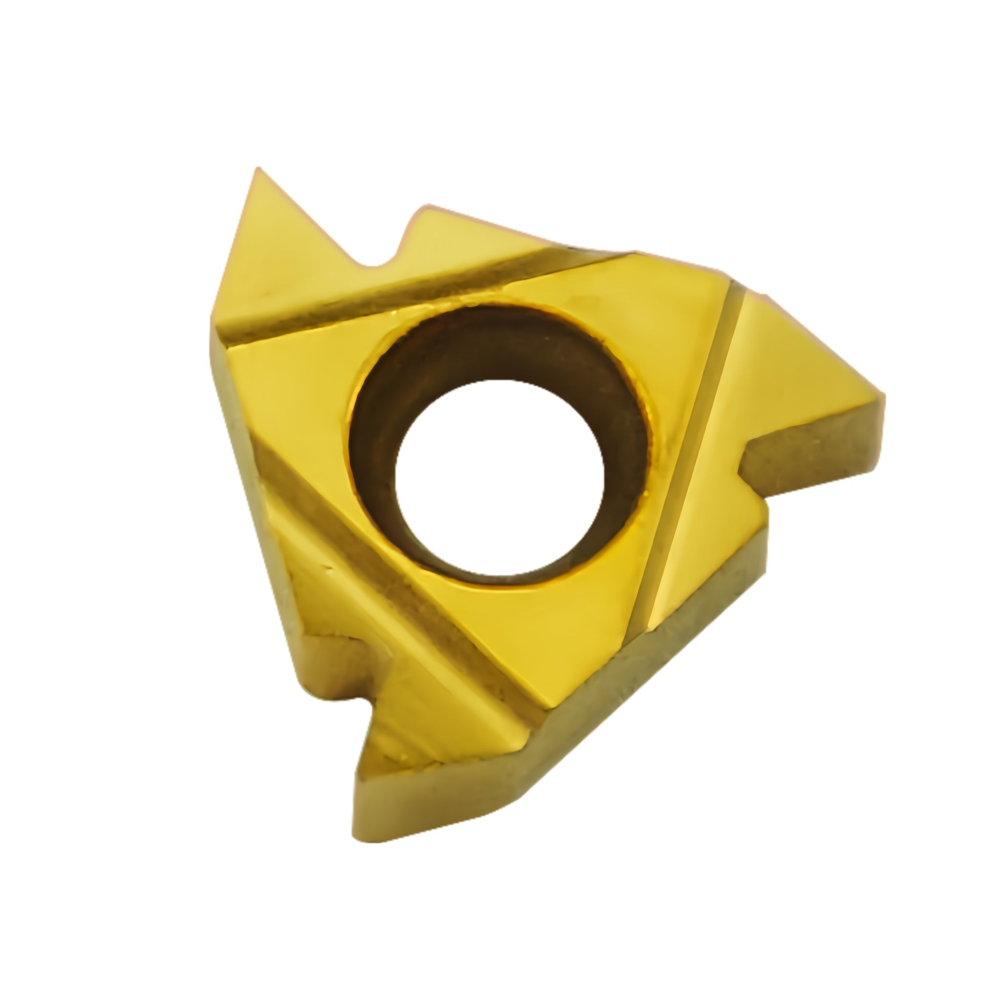 A single metallic carbide turning cutter insert with a gold finish, featuring a central hole and three cutting edges, isolated on a white background.