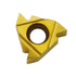 A single metallic carbide turning cutter insert with a gold finish, featuring a central hole and three cutting edges, isolated on a white background.