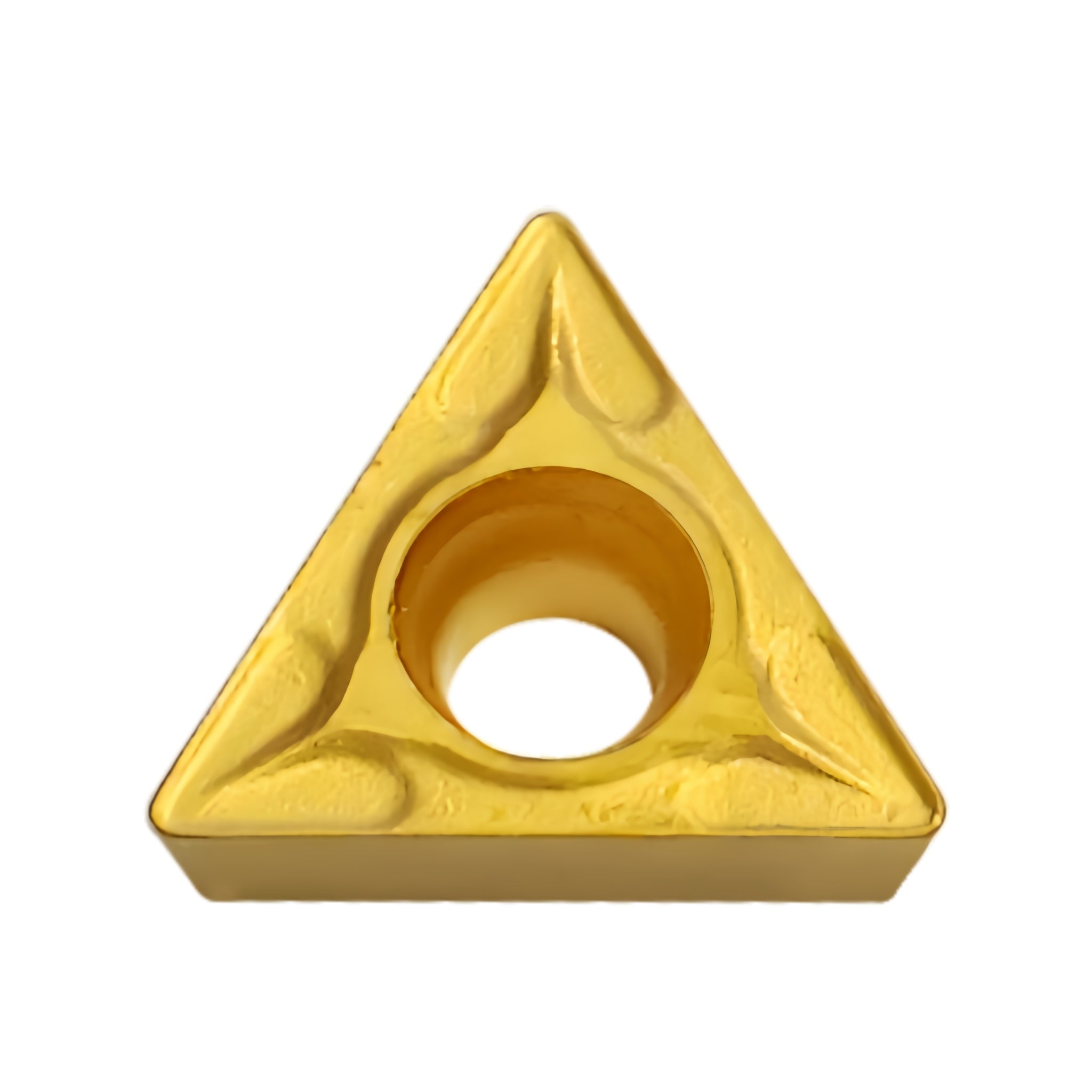 a gold triangular metal cutting tool insert with a center hole on a white background.