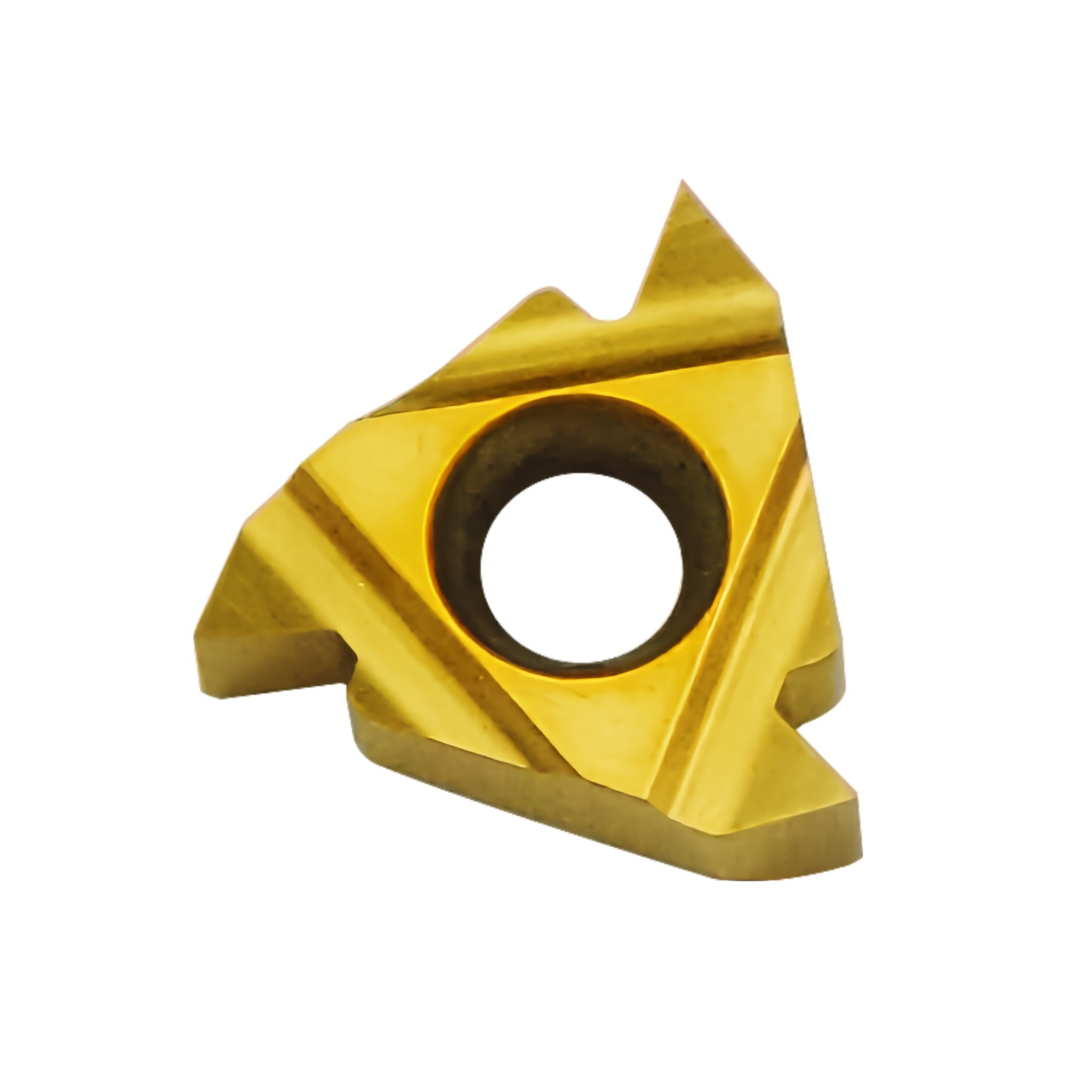 A single metallic carbide turning threading cutter insert with a gold finish, featuring a central hole and three cutting edges, isolated on a white background.