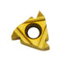 A single metallic carbide turning threading cutter insert with a gold finish, featuring a central hole and three cutting edges, isolated on a white background.