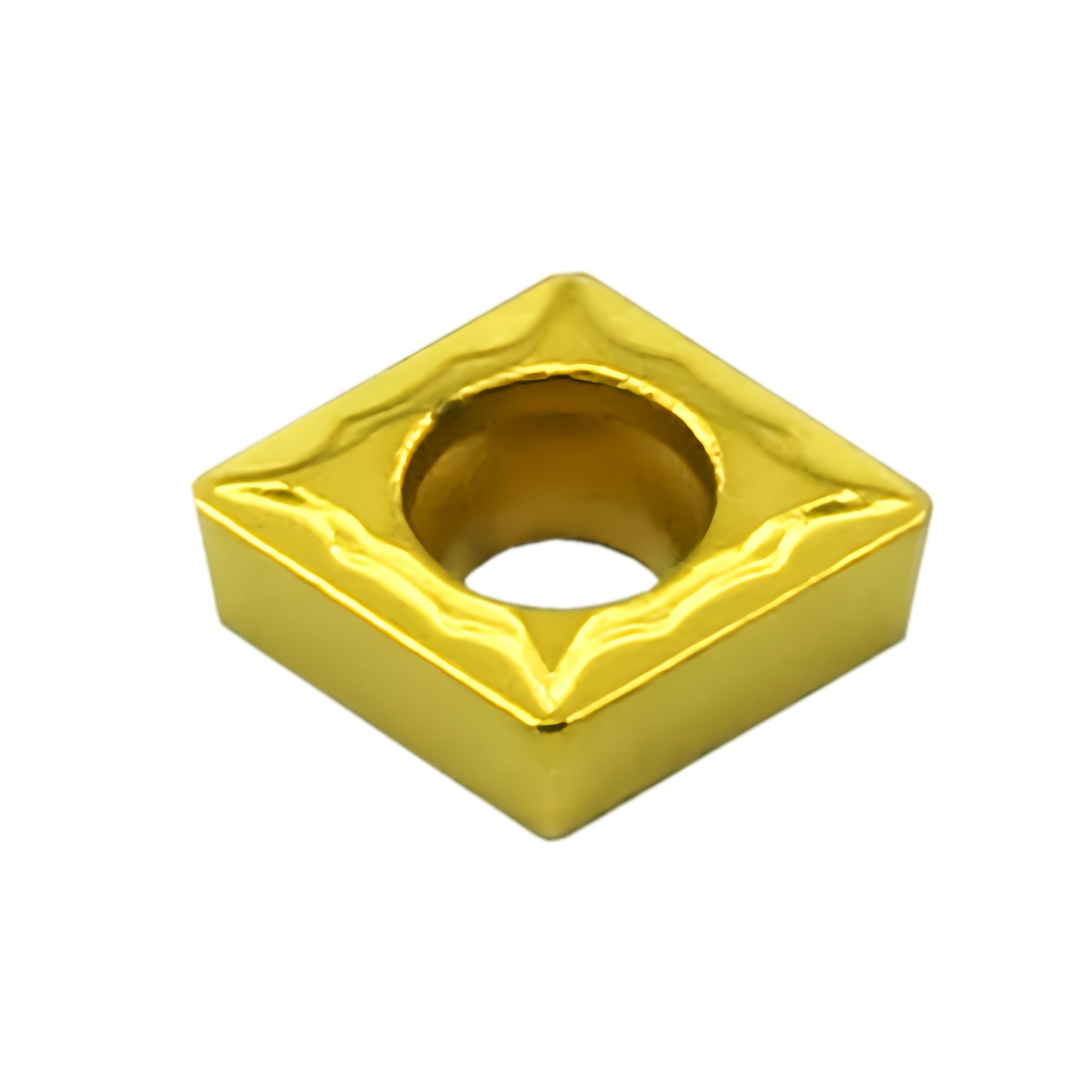 A single square-shaped carbide insert with a yellow body and black center.