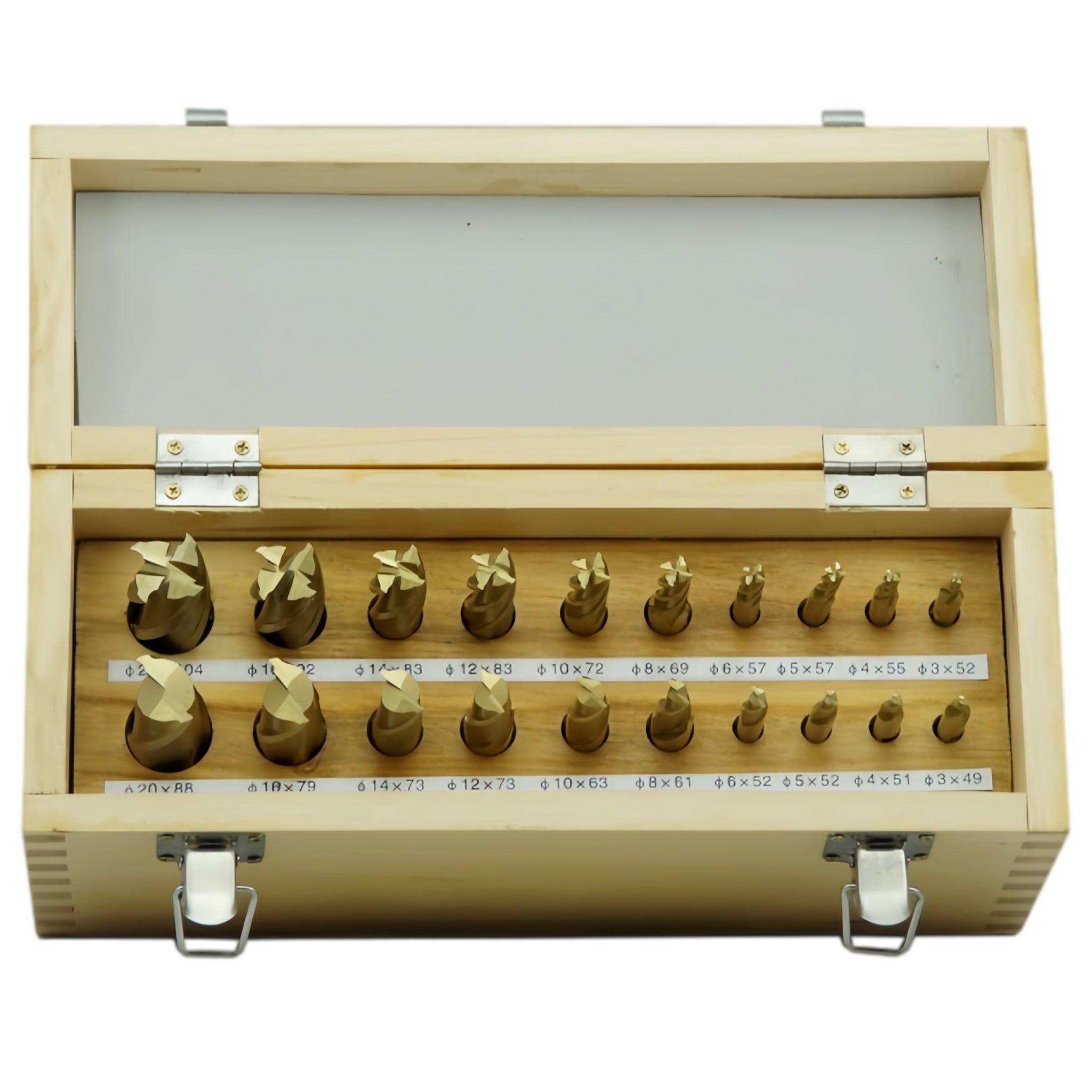 A set of TiN coated HSS slot drills and 4 flute end mills in sizes 3-20mm, displayed in a wooden box with a clear cover.