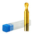 A gold-colored two-flute ball nose end mill next to its blue and white packaging.
