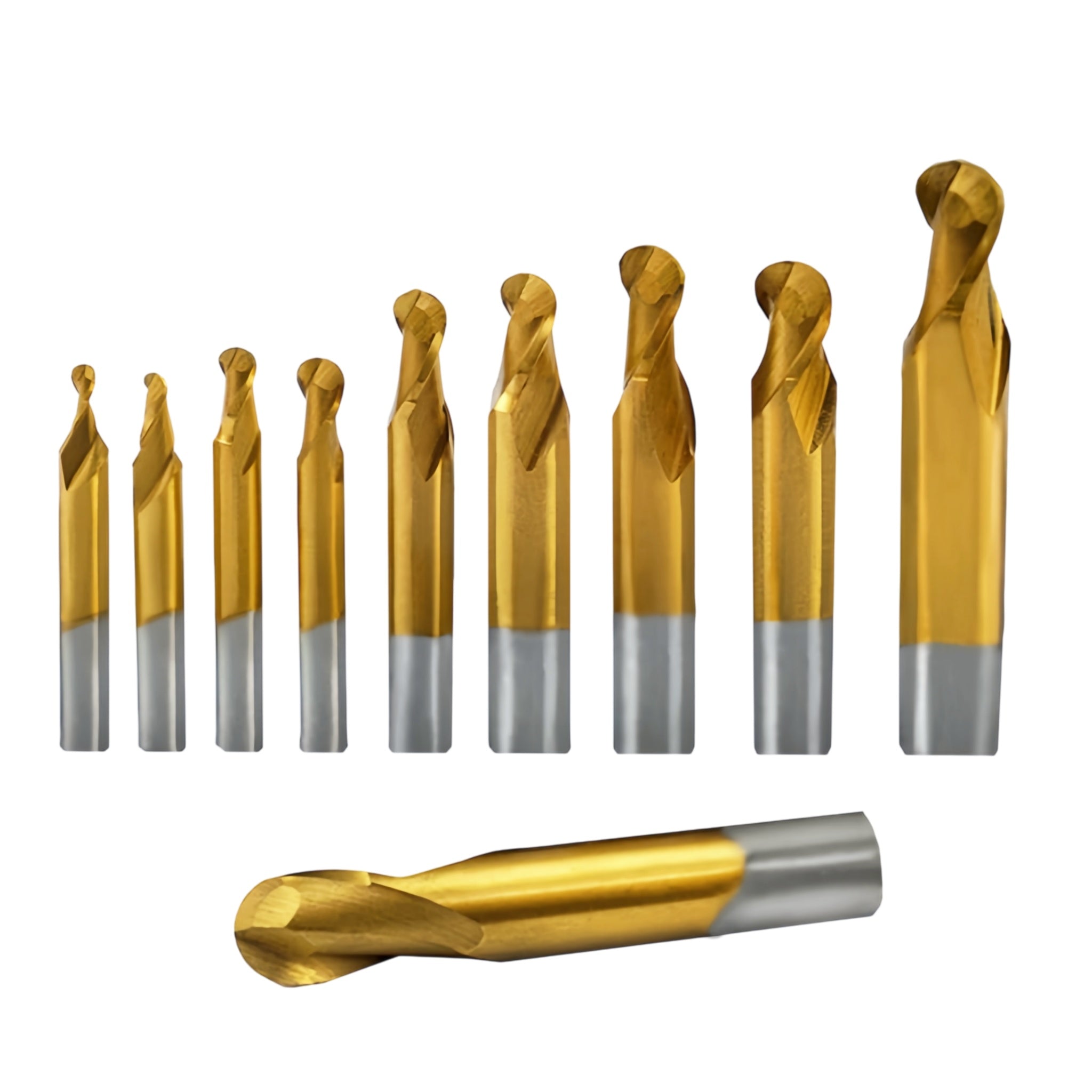 A set of nine metal ball nose end mills in graduated sizes, shown with one bit lying horizontally in front. The bits have a gold-colored cutting head and a silver-colored shank, photographed on a plain white background.