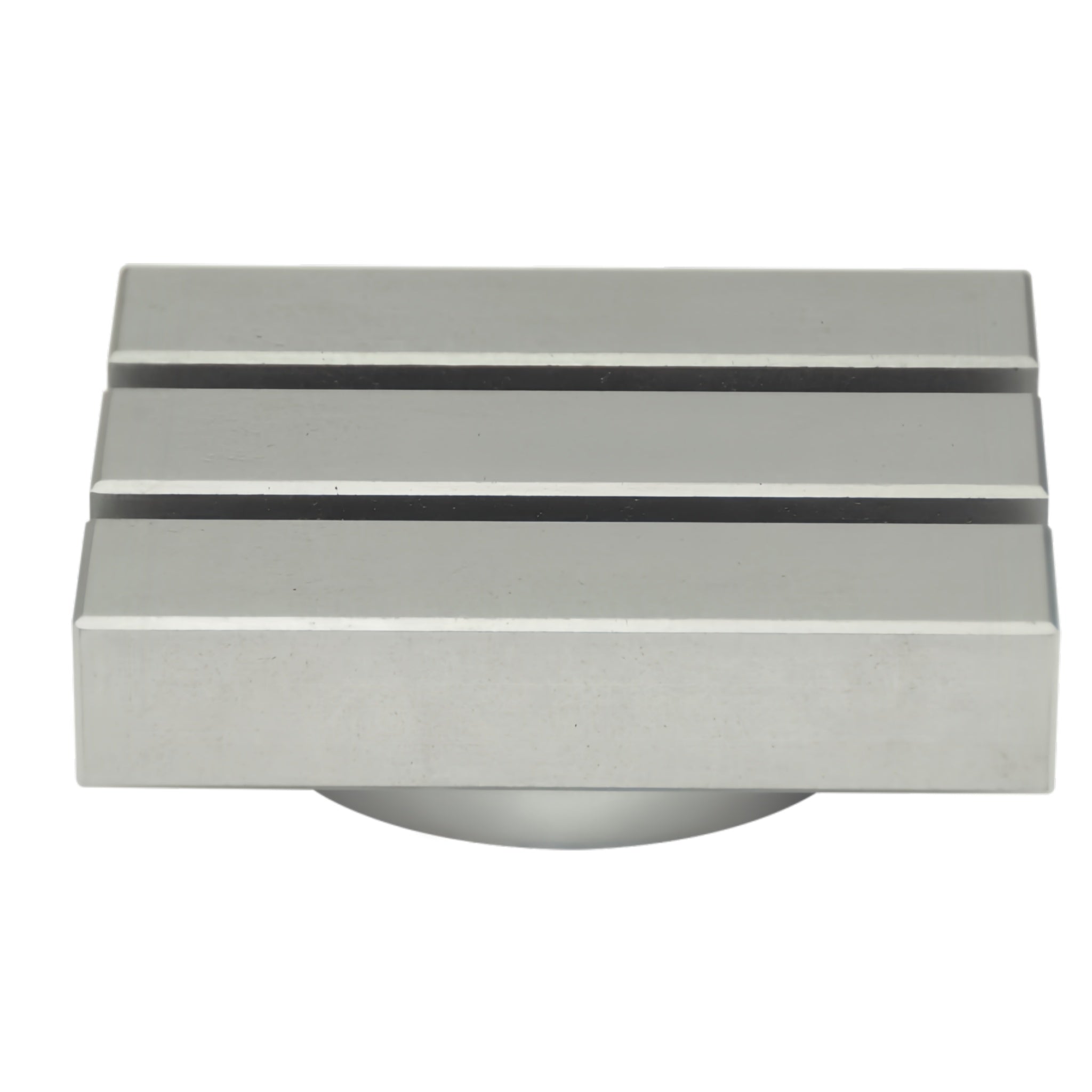 A modern square cabinet knob with a brushed silver finish, featuring three horizontal recessed slots on its top face and a circular mounting base.