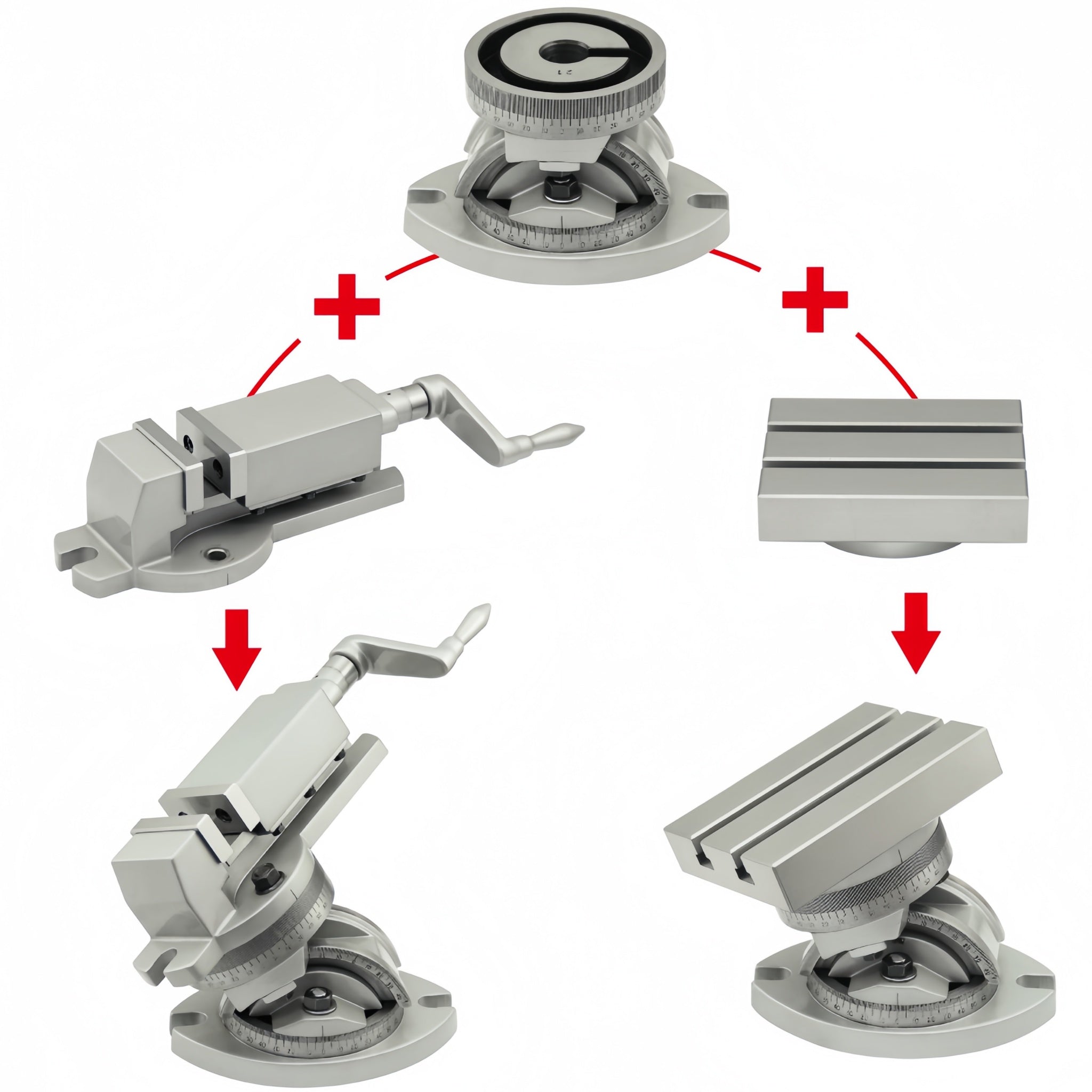 A product assembly diagram showing a silver metal bench vise and mounting base components connected by red plus signs and arrows on a white background.